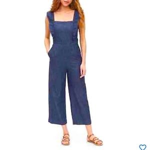 GAP ruffle apron lightweight denim wide leg jumpsuit